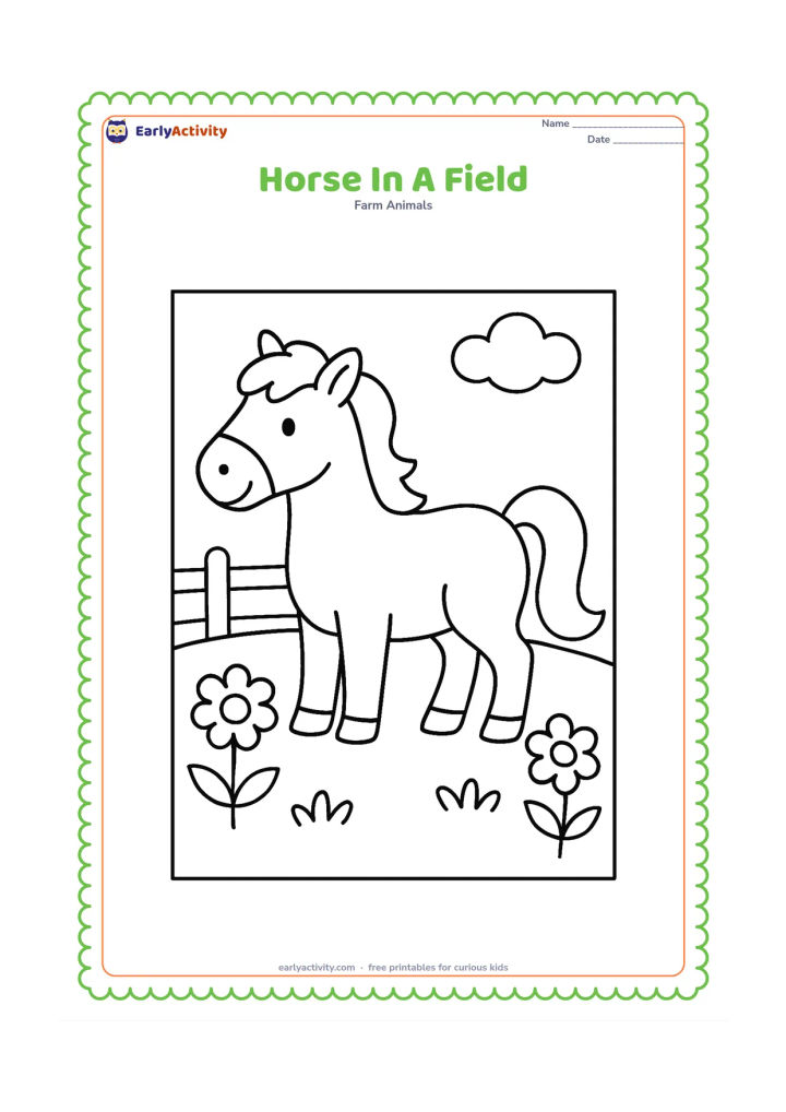Colouring page: A friendly standing horse faces left in a wide grassy field, with a few large flowers, a simple fence and one small cloud behind it. Show a clearly outlined mane, tail and four hooves.