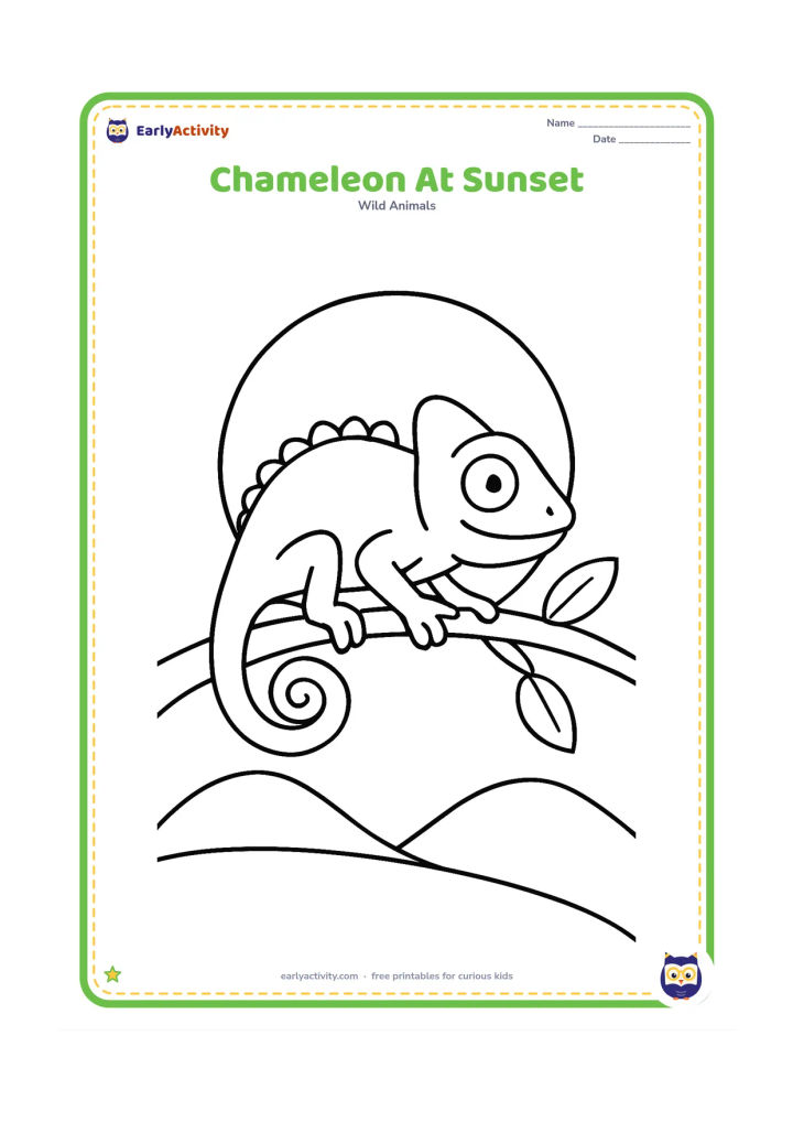 Colouring page: A chameleon perches on a branch against a large setting sun, with two low hills and a few simple leaves framing the scene. Its curled tail and gripping feet are clearly visible.