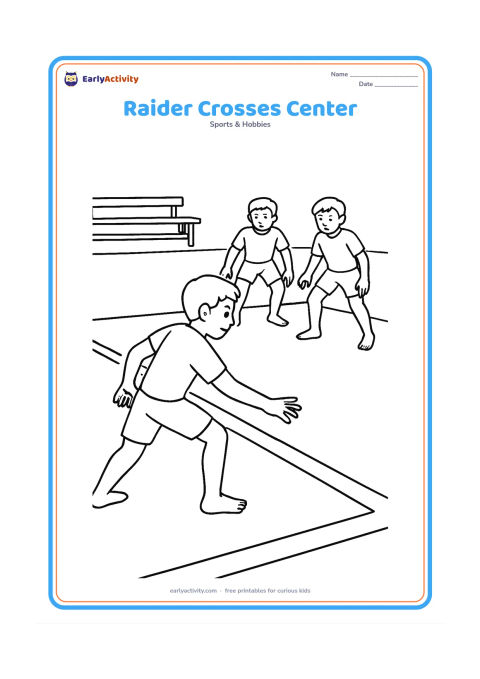 Colouring page: A kabaddi raider steps across the center line into the defenders' half, leaning forward with one hand extended. Show a clear rectangular court, two defenders ready in the distance and…