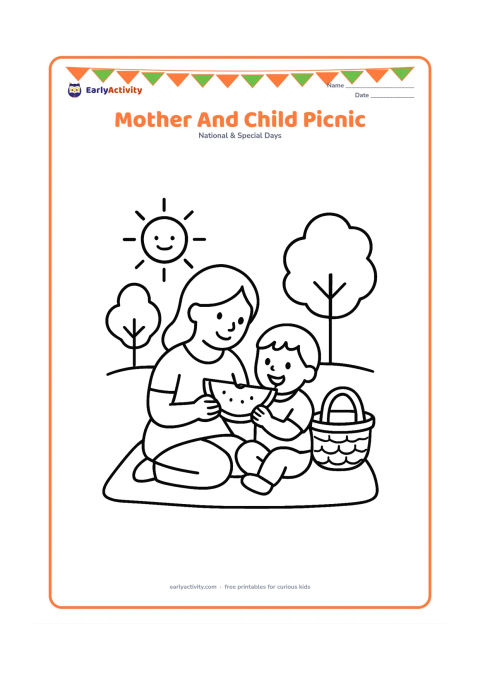 Colouring page: A mother and child sit together on a picnic blanket, sharing a large piece of fruit. Add a simple basket, two trees and a bright sun.