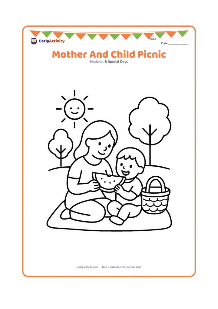 Colouring page: A mother and child sit together on a picnic blanket, sharing a large piece of fruit. Add a simple basket, two trees and a bright sun.