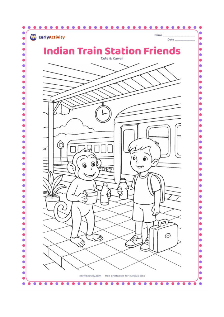 Colouring page: A friendly monkey and a child wait beside a simple train at a small Indian station, holding a snack box and a water bottle. Include a covered platform, potted plants, luggage, a clock…
