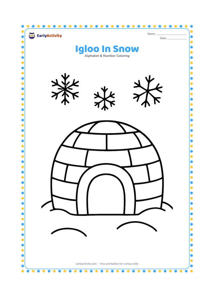 Colouring page: Draw a large igloo made from broad snow blocks, with a rounded doorway and two simple snowdrifts. Add a few large snowflakes in the sky.