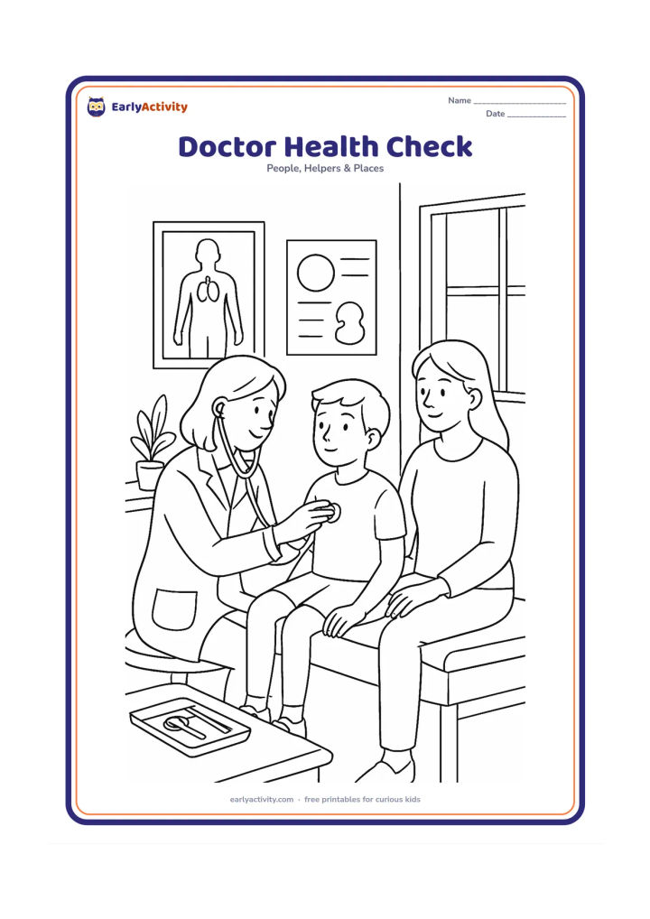 Colouring page: A doctor performs a careful health check on a child in a bright clinic, using a stethoscope while a parent sits nearby. Include an examination table, anatomical poster shapes with no…