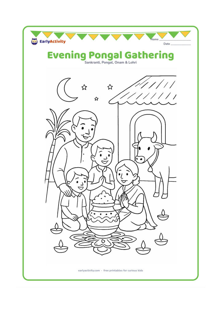 Colouring page: A family gathers at dusk beside a decorated Pongal pot, with small oil lamps, a kolam, sugarcane, and a cow near the home entrance. Show a crescent moon and a few stars in the sky.