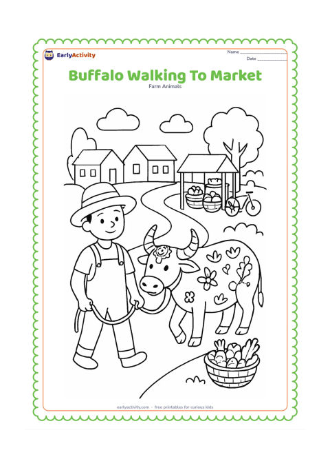 Colouring page: Draw a farmer leading a decorated but non-textile-patterned buffalo along a village lane toward a simple farm market area. Include baskets of vegetables, trees, a bicycle and small…