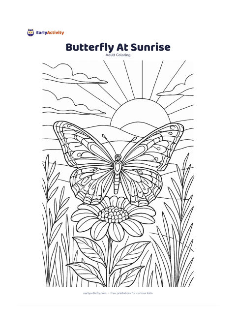 Colouring page: Show a butterfly opening its wings on a flower at sunrise, with layered hills, tall grasses, soft cloud bands, and a large rising sun behind it. Use many balanced sections in the wings…