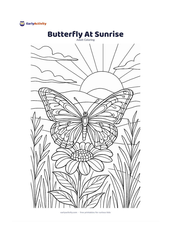 Colouring page: Show a butterfly opening its wings on a flower at sunrise, with layered hills, tall grasses, soft cloud bands, and a large rising sun behind it. Use many balanced sections in the wings…
