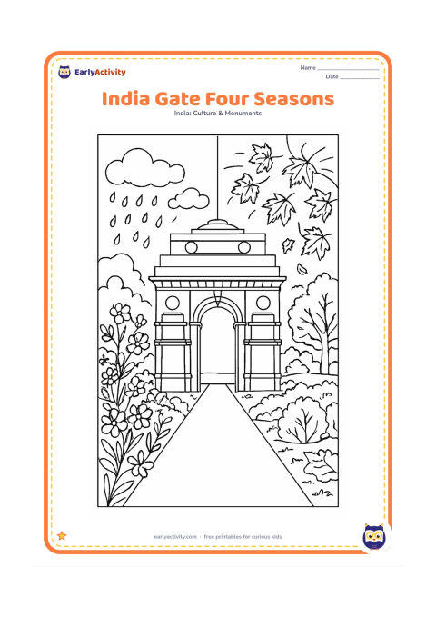 Colouring page: Divide the scene around one central India Gate into four flowing seasonal areas: spring flowers, sunny greenery, monsoon clouds and autumn leaves. Connect them with one avenue and keep…