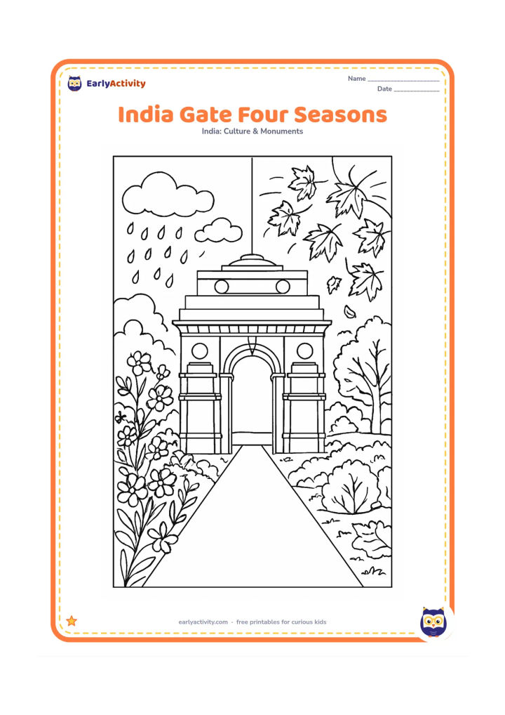 Colouring page: Divide the scene around one central India Gate into four flowing seasonal areas: spring flowers, sunny greenery, monsoon clouds and autumn leaves. Connect them with one avenue and keep…