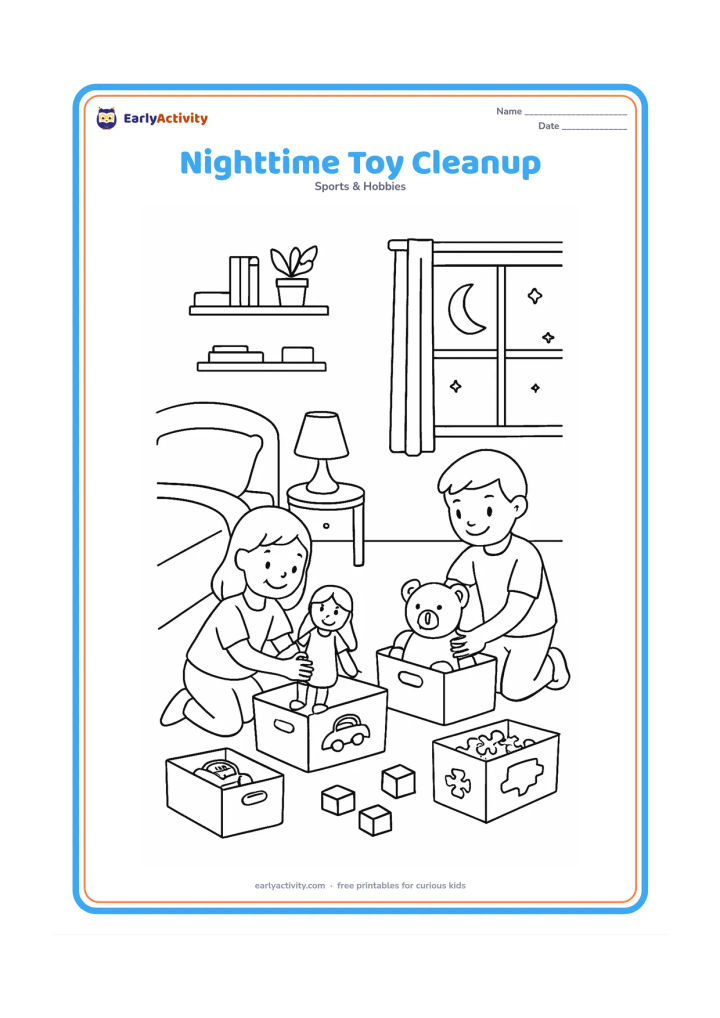 Colouring page: Two children tidy a bedroom before sleep, placing a doll, toy cars, blocks, a puzzle and a teddy bear into labelled-by-picture storage boxes with no written labels. Include a bed,…