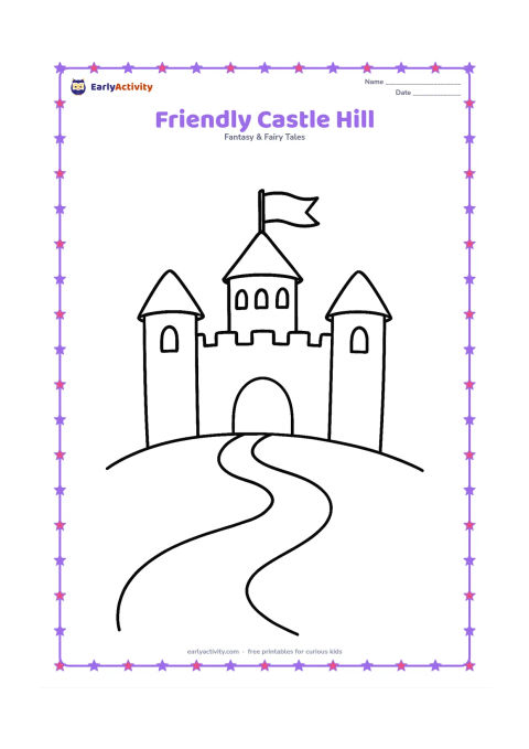 Colouring page: Draw a cheerful castle with three rounded towers, a large arched gate, a blank flag on the tallest tower, and a gently curving path up a grassy hill. Leave the sky and foreground mostly…