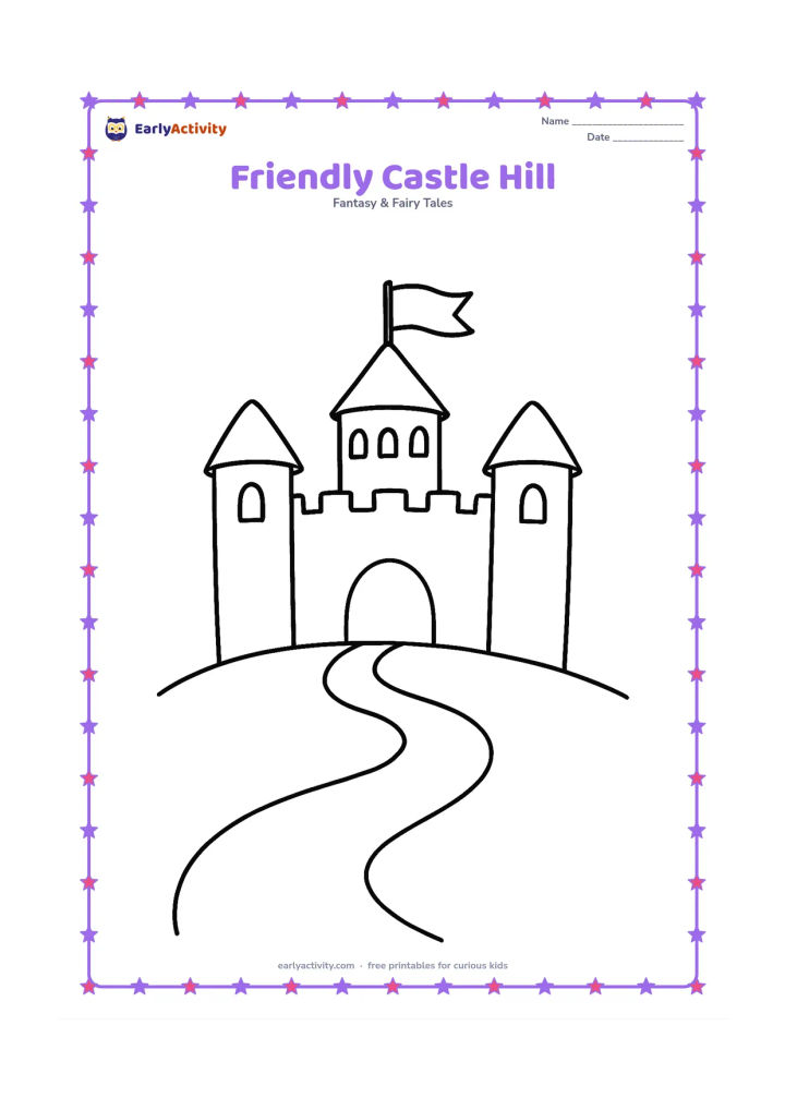 Colouring page: Draw a cheerful castle with three rounded towers, a large arched gate, a blank flag on the tallest tower, and a gently curving path up a grassy hill. Leave the sky and foreground mostly…