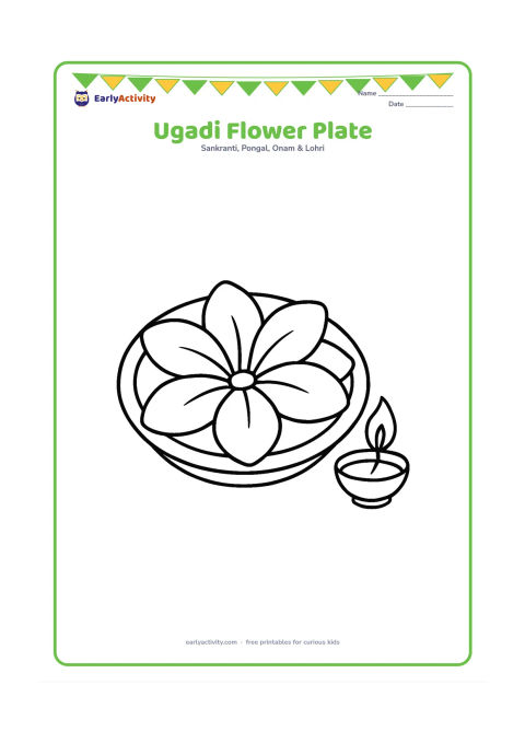 Colouring page: A shallow plate filled with large flower petals and a small diya beside it, viewed from above.