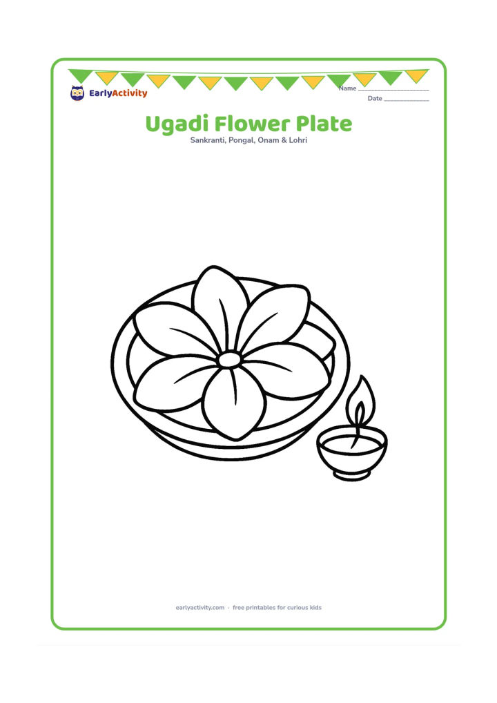 Colouring page: A shallow plate filled with large flower petals and a small diya beside it, viewed from above.