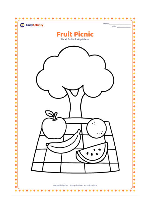 Colouring page: A simple picnic blanket with a large apple, banana, orange, and watermelon slice arranged on top, under one broad tree canopy.