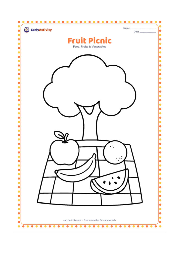 Colouring page: A simple picnic blanket with a large apple, banana, orange, and watermelon slice arranged on top, under one broad tree canopy.