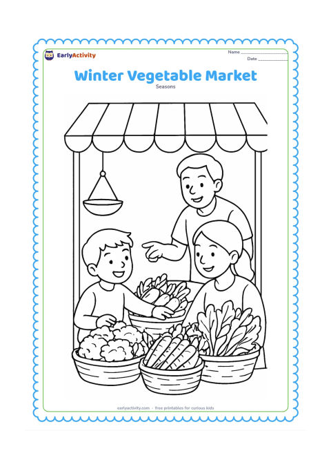 Colouring page: A child and an adult choose winter vegetables from an Indian market stall, including cauliflower, carrots, peas and leafy greens in baskets. Show a simple awning, weighing pan and…