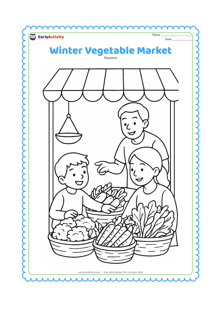 Colouring page: A child and an adult choose winter vegetables from an Indian market stall, including cauliflower, carrots, peas and leafy greens in baskets. Show a simple awning, weighing pan and…