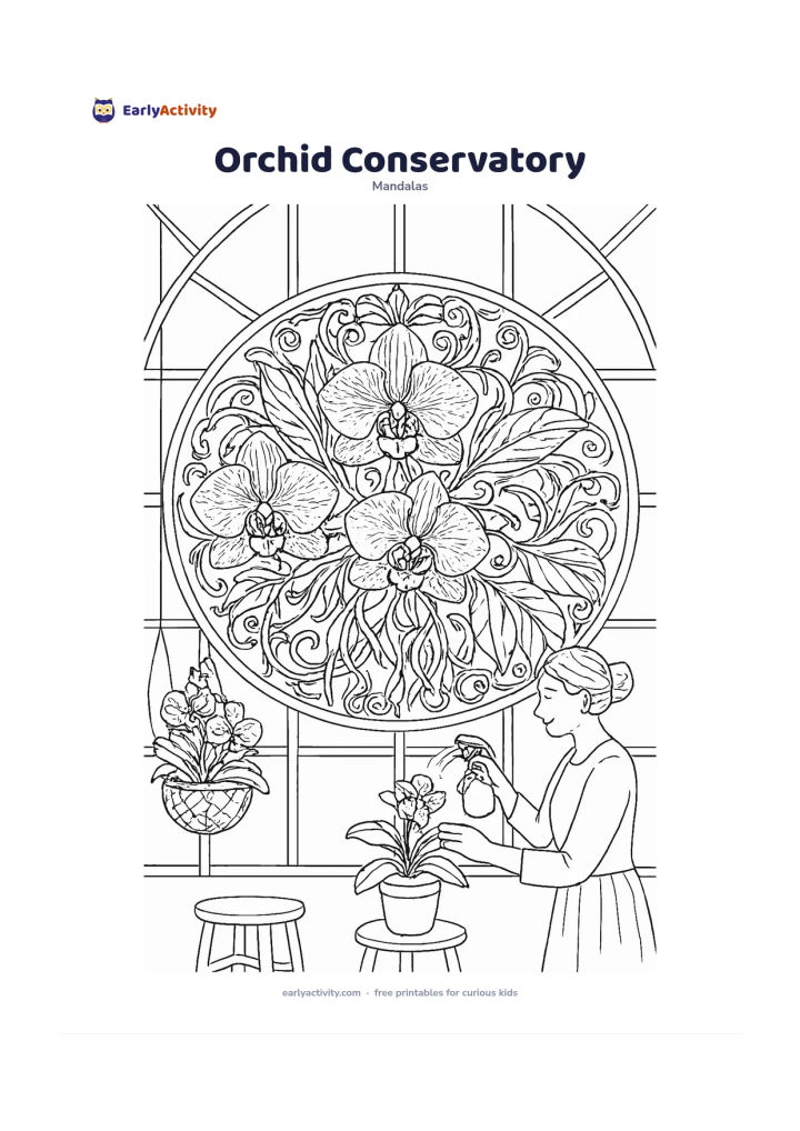 Colouring page: Create an ornate circular mandala from orchids, aerial roots, broad leaves and curling stems, centred on a cluster of open orchid flowers. Surround it with glass conservatory panes,…
