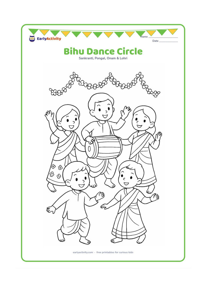 Colouring page: Draw four children in Assamese clothing dancing in a loose circle, with raised arms and different simple poses. Place a dhol player in the centre and add a few flower garlands in the…