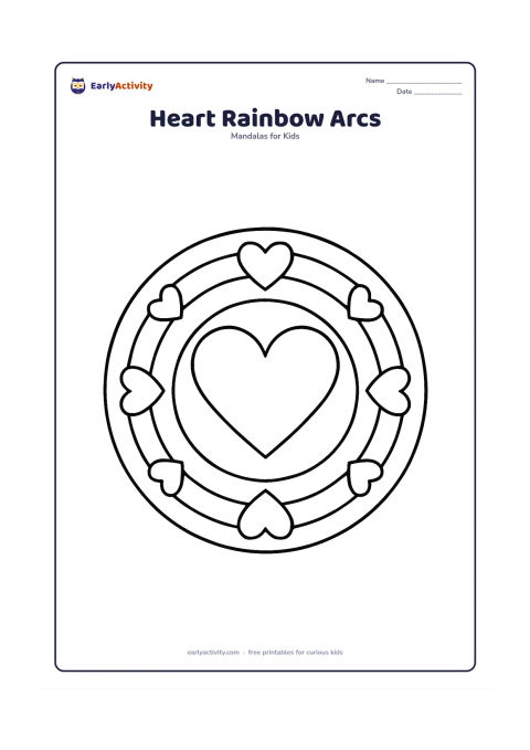 Colouring page: Draw a circular mandala containing a large central heart and several wide curved bands radiating around it, with a few simple hearts placed between the bands. The arcs should form a…