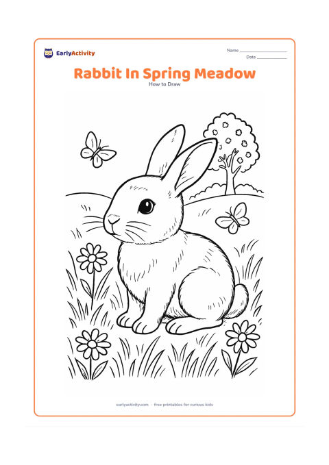 Worksheet: Show a rabbit sitting in a spring meadow surrounded by layered grasses, daisies, butterflies and a distant flowering tree. Include careful details for the eyes, nose, whiskers, ears,…
