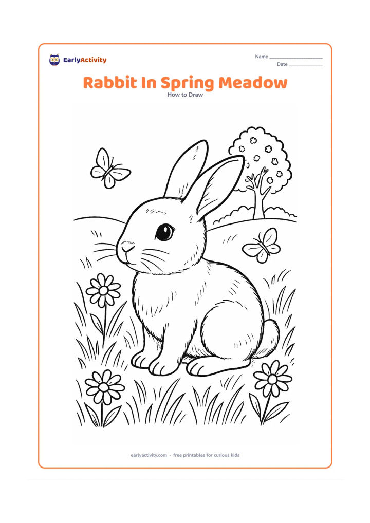 Worksheet: Show a rabbit sitting in a spring meadow surrounded by layered grasses, daisies, butterflies and a distant flowering tree. Include careful details for the eyes, nose, whiskers, ears,…