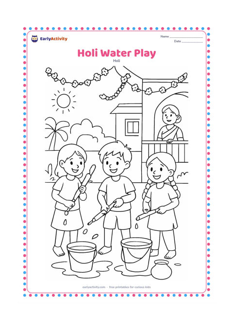 Colouring page: Three children enjoy a safe Holi water play area, holding pichkaris downward while a parent watches from the veranda. Include buckets, a water pot, flower garlands, and a sunny courtyard.