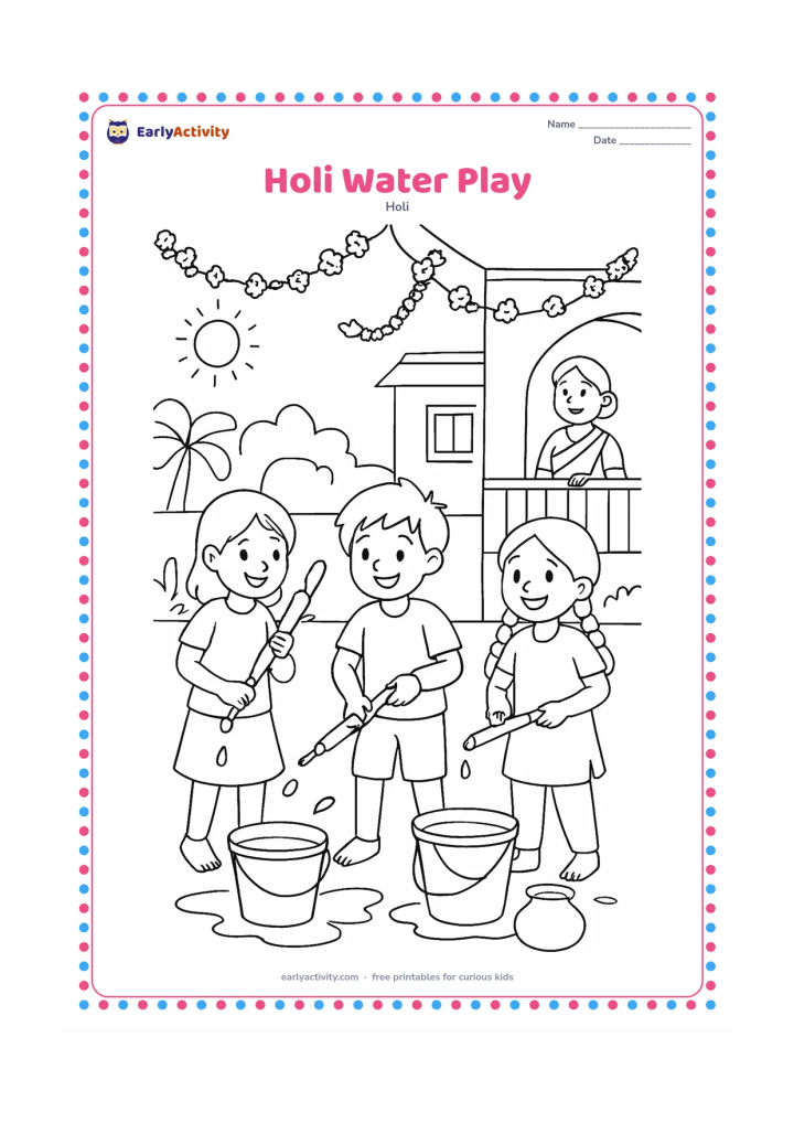 Colouring page: Three children enjoy a safe Holi water play area, holding pichkaris downward while a parent watches from the veranda. Include buckets, a water pot, flower garlands, and a sunny courtyard.
