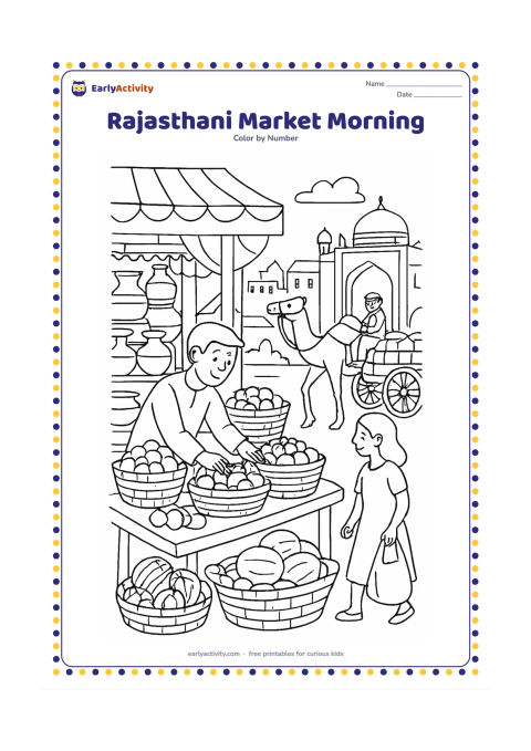 Colouring page: Draw a lively open-air market with a vendor arranging colourful fruit baskets, a customer carrying a cloth bag, and a camel cart passing by. Include patterned awnings, stacked pots, a…