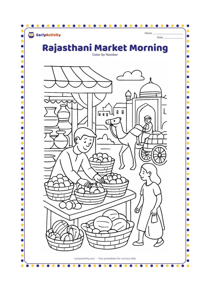 Colouring page: Draw a lively open-air market with a vendor arranging colourful fruit baskets, a customer carrying a cloth bag, and a camel cart passing by. Include patterned awnings, stacked pots, a…