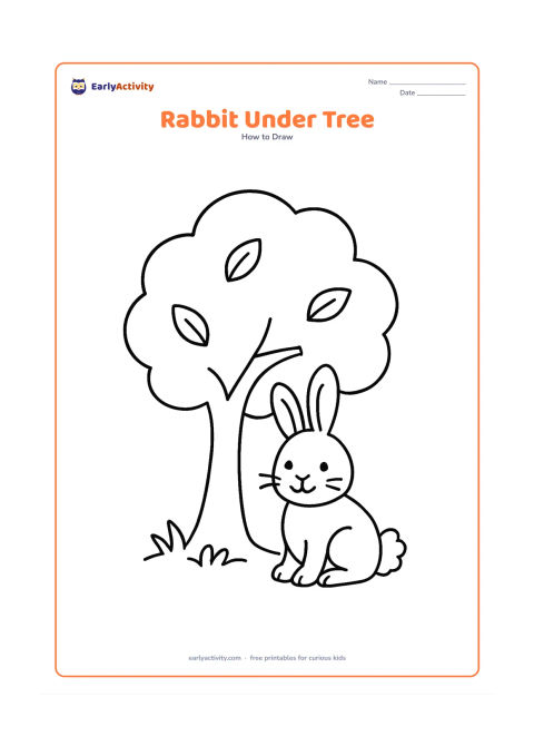 Worksheet: Show a sitting rabbit beneath a broad tree with a rounded canopy, a curved trunk, scattered leaves and a small patch of grass. Include the rabbit's body, paws, ears, face and fluffy tail.