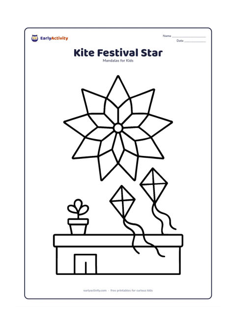 Colouring page: Show a large star mandala with broad triangular sections above a simple rooftop scene. Add two diamond-shaped kites, curved strings, a low parapet and one small potted plant, with no…
