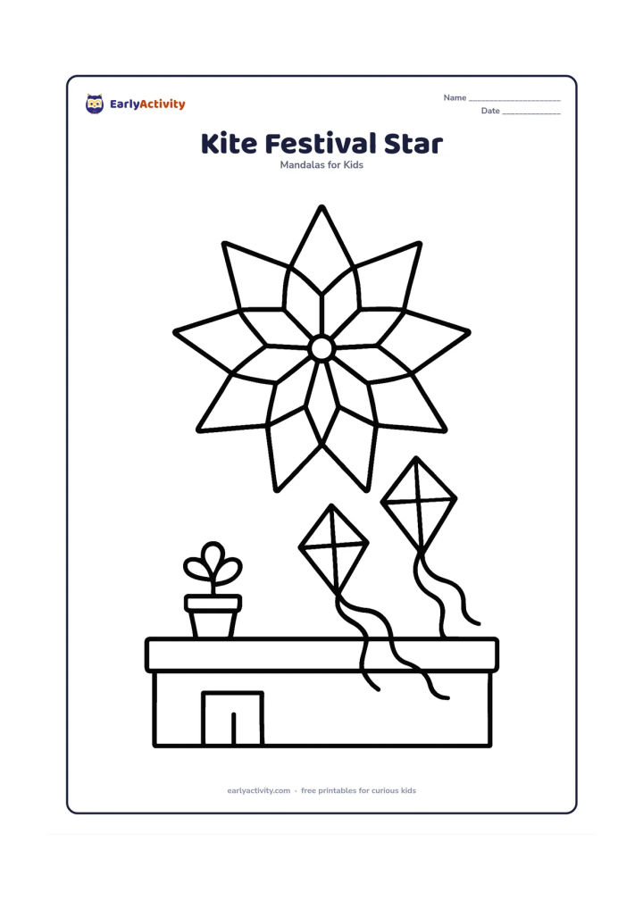 Colouring page: Show a large star mandala with broad triangular sections above a simple rooftop scene. Add two diamond-shaped kites, curved strings, a low parapet and one small potted plant, with no…