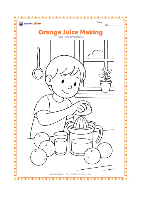 Colouring page: Draw a kitchen scene where a child squeezes half an orange over a manual citrus juicer, with a glass collecting juice and several oranges on the counter. Add a window, hanging ladle and…