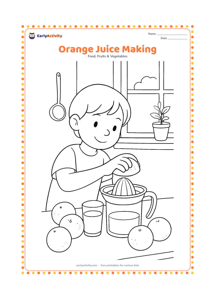 Colouring page: Draw a kitchen scene where a child squeezes half an orange over a manual citrus juicer, with a glass collecting juice and several oranges on the counter. Add a window, hanging ladle and…