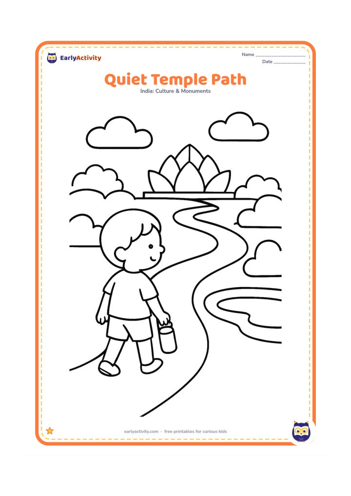 Colouring page: Draw a winding path leading through a garden toward the Lotus Temple, with one small child carrying a water bottle and looking at the pools. Add a few large clouds and bushes in the…