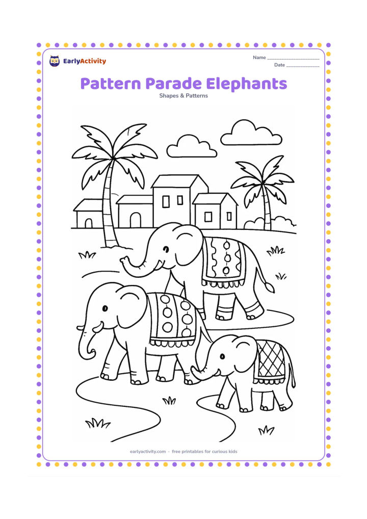 Colouring page: Draw three friendly decorated elephants walking in a line through an Indian village, each with a different repeating blanket pattern of bands, circles, or diamonds. Add palm trees, low…