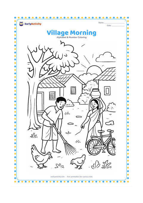 Colouring page: Draw a lively Indian village morning with a person sweeping a courtyard, another person carrying water pots, a bicycle, chickens, trees, tiled houses, and a rising sun. Place a large…