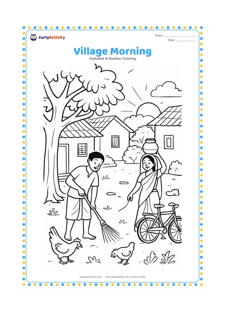 Colouring page: Draw a lively Indian village morning with a person sweeping a courtyard, another person carrying water pots, a bicycle, chickens, trees, tiled houses, and a rising sun. Place a large…