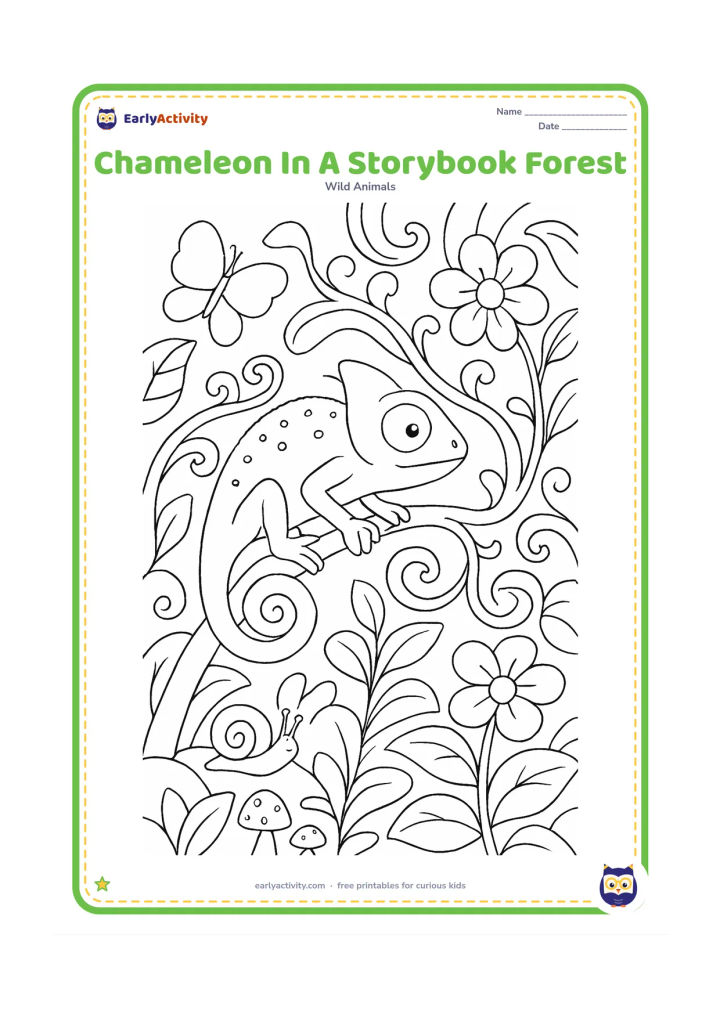 Colouring page: A chameleon climbs a winding branch through an imaginative forest of curling vines, flowers, mushrooms and layered leaves. Add a butterfly, a snail and shafts of open sky without using…