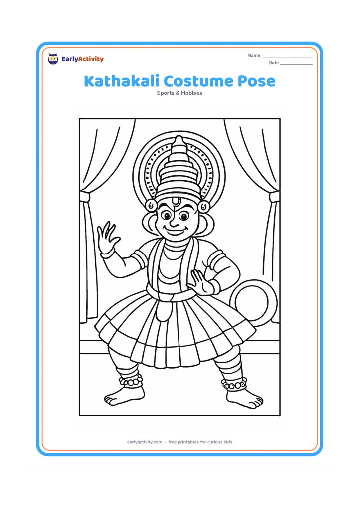Colouring page: Draw one child in a colourful Kathakali-inspired costume standing in a strong bent-knee pose with hands held expressively. Add a simple stage curtain, ankle bells and a round drum behind…