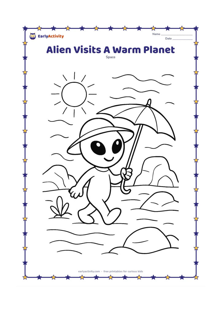 Colouring page: Draw a friendly alien wearing a sun hat and holding a parasol while walking across a warm, sandy planet. Add heat-wave curves, broad desert rocks, a hardy space plant, and a distant sun.