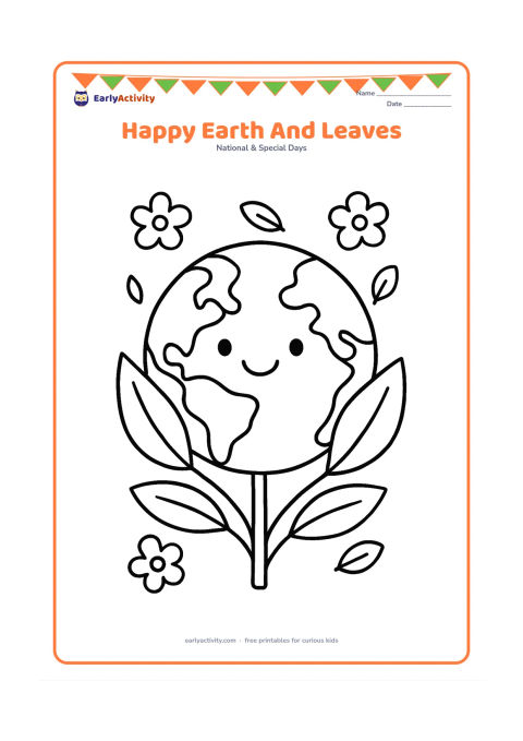 Colouring page: Draw a smiling Earth held gently between two large leafy branches, surrounded by four simple leaves and small flowers. Keep the globe's land and water areas as broad, unmarked shapes…