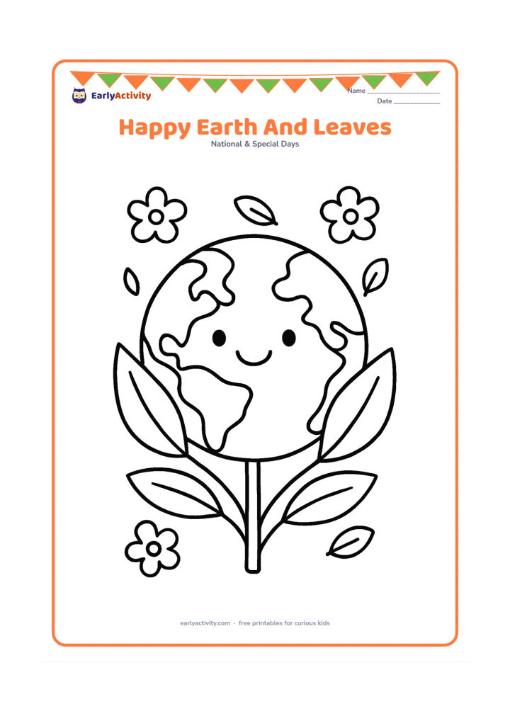 Colouring page: Draw a smiling Earth held gently between two large leafy branches, surrounded by four simple leaves and small flowers. Keep the globe's land and water areas as broad, unmarked shapes…