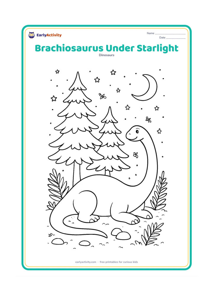 Colouring page: A peaceful brachiosaurus rests beneath tall conifer-like trees at night while its long neck curves toward a star-filled sky. Include a crescent moon, layered branches, ferns, rocks,…