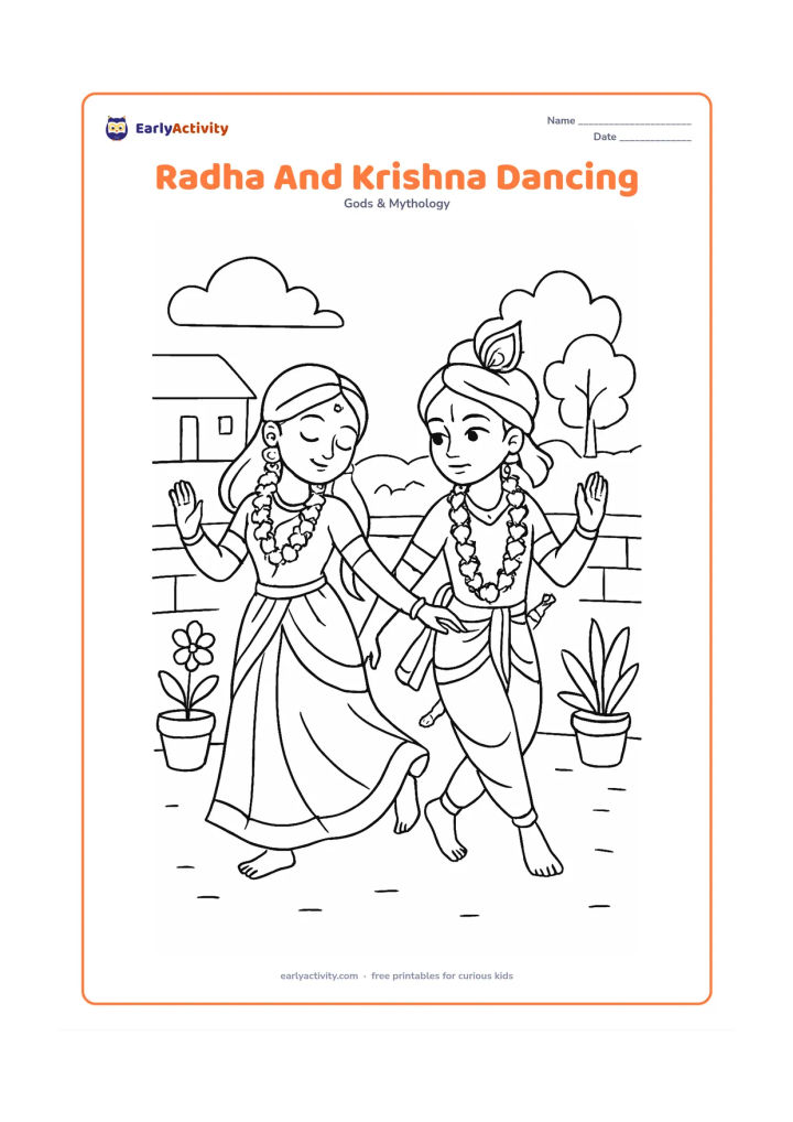 Colouring page: Draw Radha and Krishna making a gentle dance step together in an open village courtyard, with Krishna's flute tucked at his side. Add flower garlands, a low wall, and potted plants.