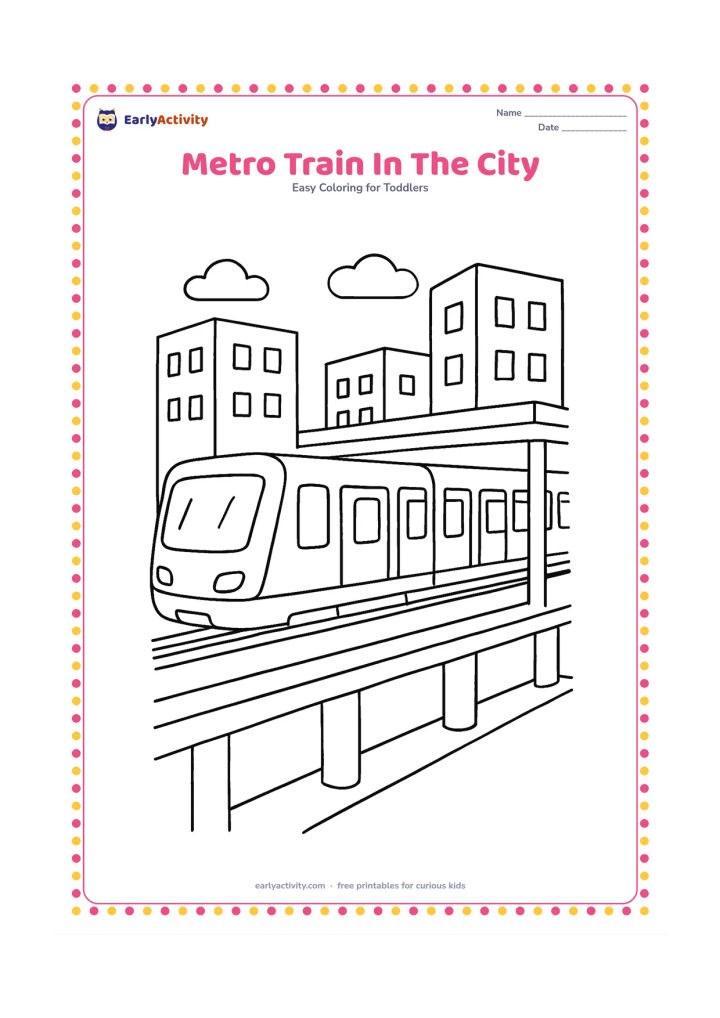 Colouring page: Draw a modern metro train entering an elevated station between simple apartment buildings. Include pillars, a platform edge and a few blank windows, with no advertisements, letters or…