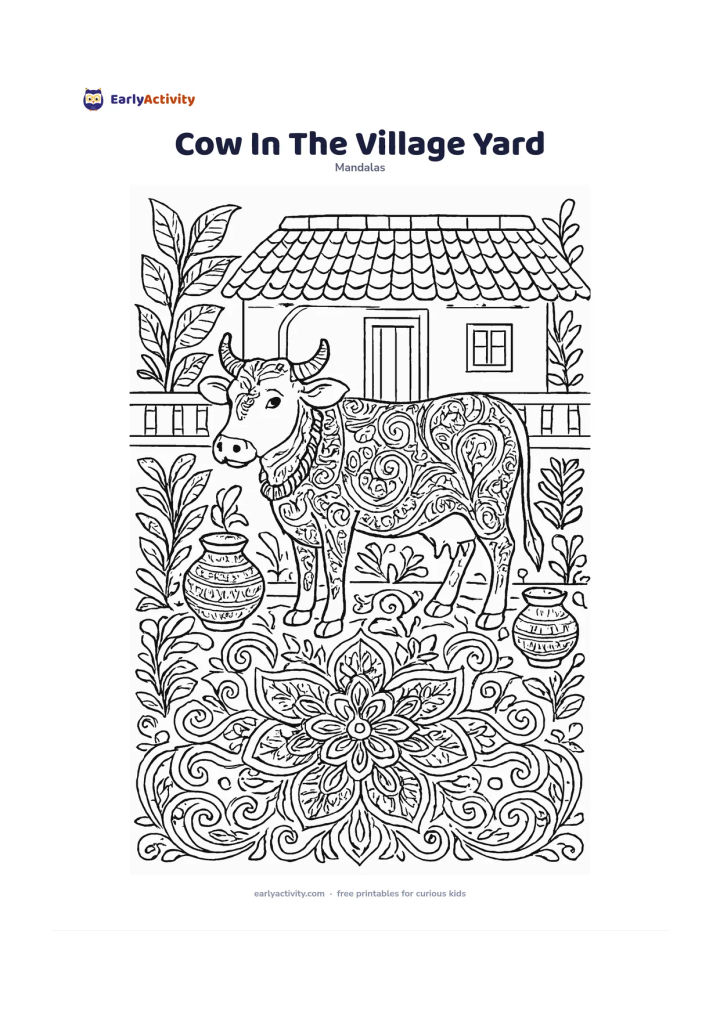 Colouring page: Place a gentle decorated cow in the centre of a village courtyard, with a simple garland around its neck. Surround it with repeating rangoli-inspired curves, flower petals, earthen pots,…